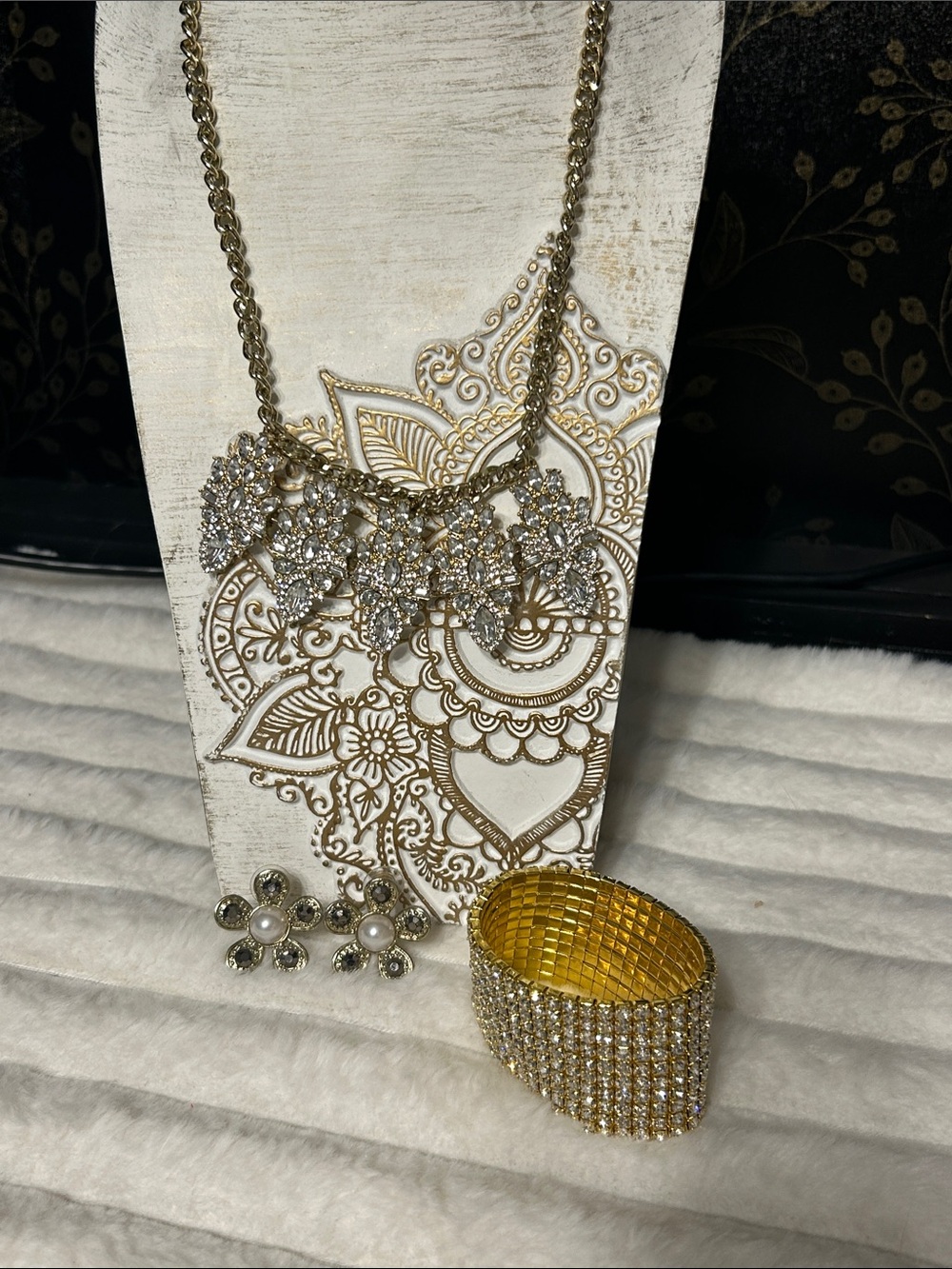 3 pc Gold-Tone Crystal Statement Necklace, earrings and Bracelet